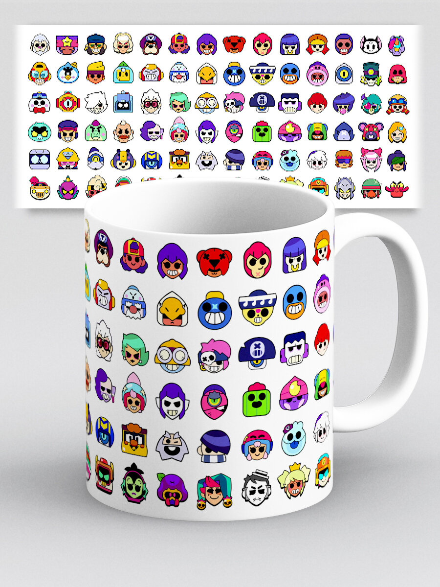 Кружка Бравл Старс Brawl Stars Все герои иконки на белом фоне