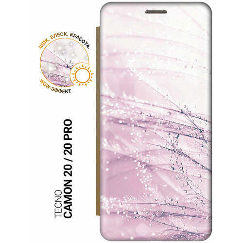 фото Чехол-книжка на tecno camon 20 / 20 pro / техно камон 20 / 20 про с рисунком "капли на розовой траве" золотистый slvgo