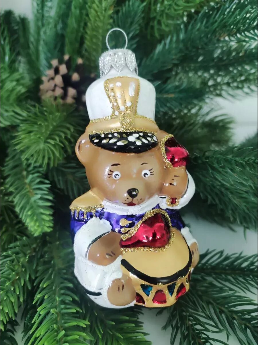 Игрушка "Медведь-солдат", елочная, ручная роспись, стекло, коричневая