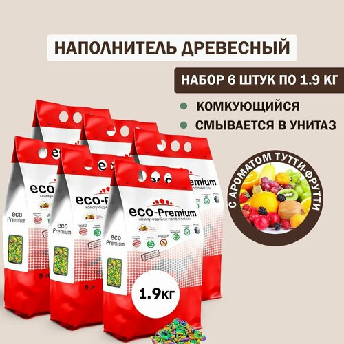 Наполнитель для кошачьего туалета комкующийся древесный ECO Premium Тутти Фрутти 6шт х 1.9кг