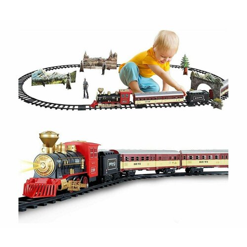 Железная дорога Rail King с паровым двигателем, светом и звуком, длина 148 сантиметров детская деревянная железная дорога сказочный электропоезд на батарейках со звуком и светом для детской железной дороги