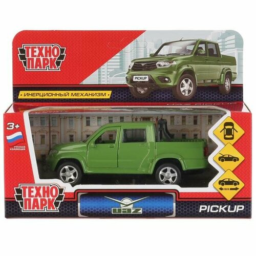 Машина металл UAZ PICKUP 12 см, двери, багаж, инерц, зеленый, кор. Технопарк