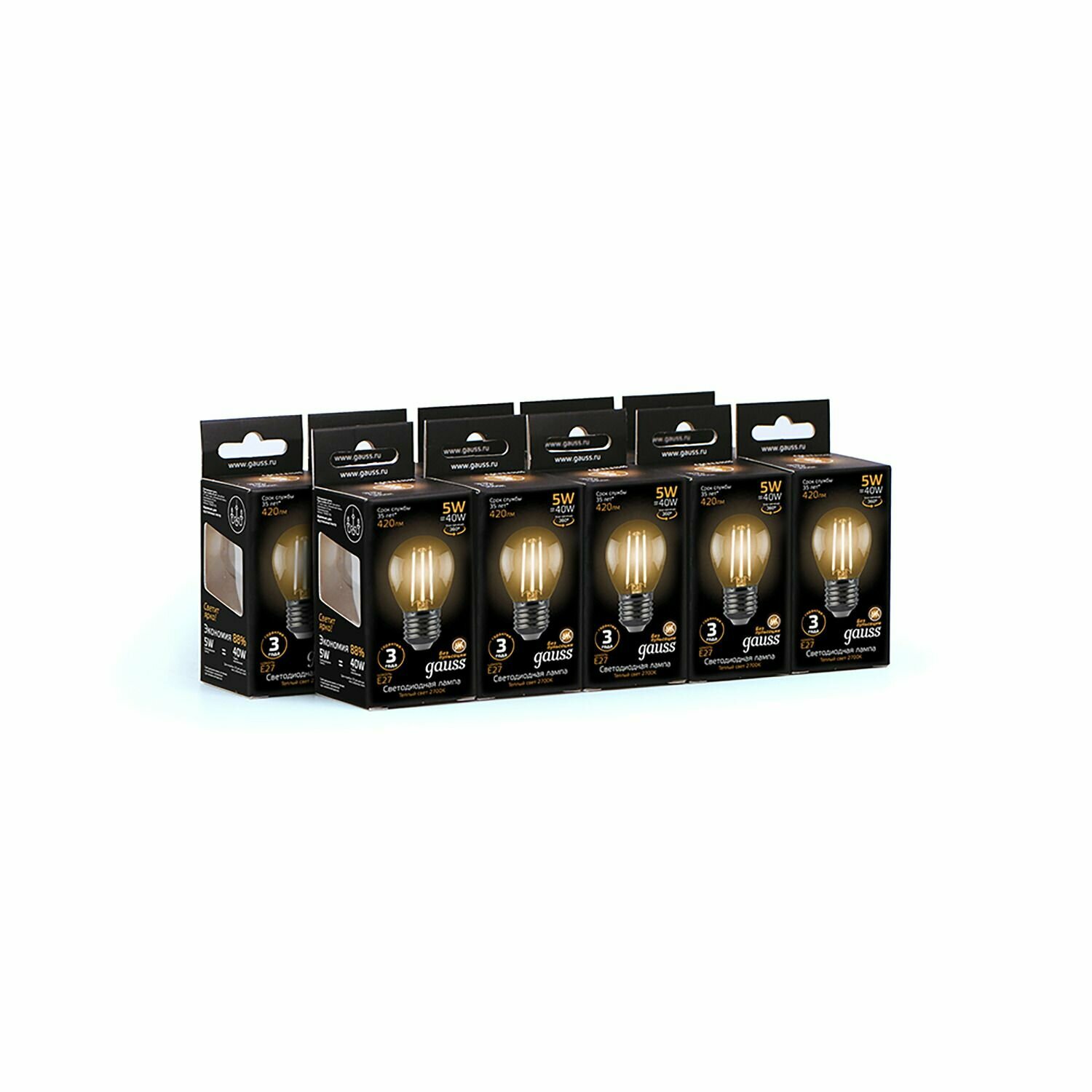 105802105 Лампа Gauss Filament Шар 5W 420lm 2700К Е27 LED, уп.10шт