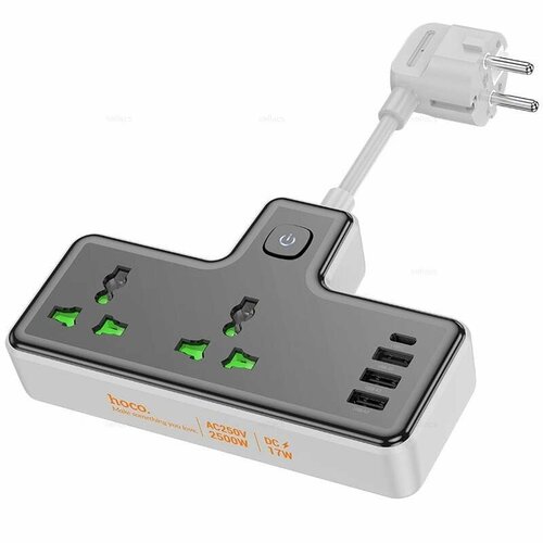 Сетевой фильтр 2 гнезда + Type-C USB-C + 3USB 2500W DC17W белый сетевой фильтр power cord 10a 2500w 3 розетки 4 usb 1 type c 2m