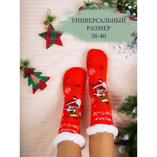 фото Женские носки hobby line высокие, махровые, на новый год, утепленные, нескользящие, размер универсальный 36-40, красный