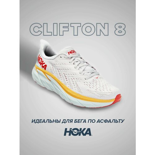 фото Кроссовки hoka clifton 8, демисезон/лето, беговые, полнота 2e, размер us10ee/uk9.5/eu44/jpn28, белый, желтый