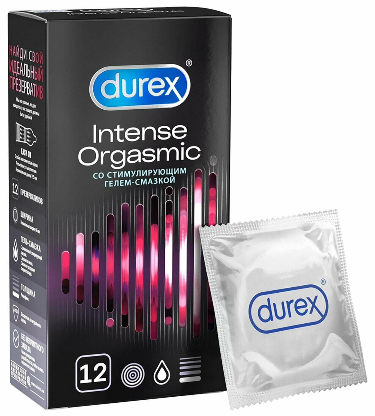 Презервативы Durex Intense Orgasmic рельефные со стимулирующим гелем-смазкой, 12 шт.