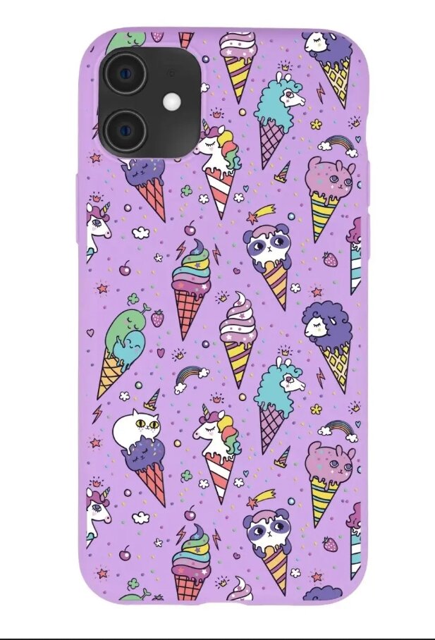 Чехол на iPhone 11 матовый фиолетовый / Накладка на Айфон 11 с принтом "Icecream"