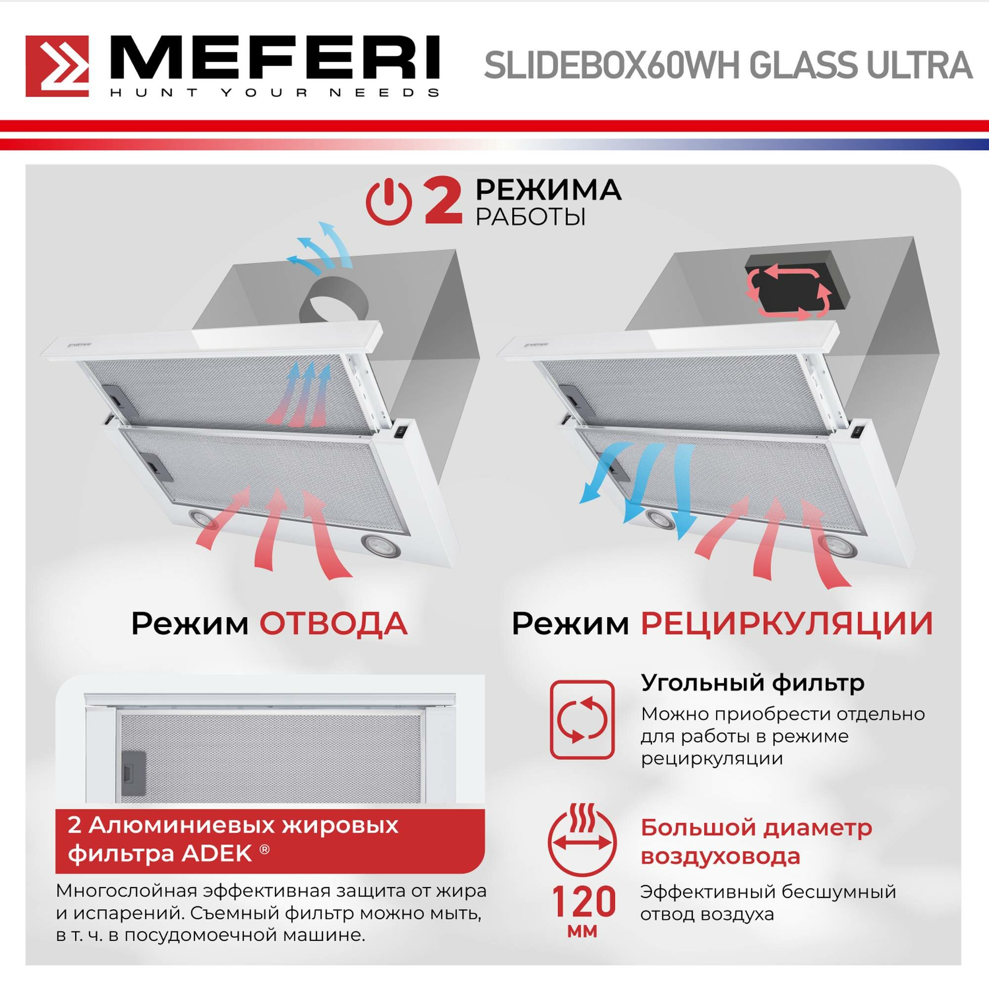 Телескопическая вытяжка MEFERI SLIDEBOX60WH GLASS ULTRA, белый - фотография № 3