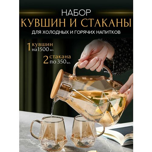 Кувшин с крышкой 15 л кружки стеклянные набор 2 штуки 1830₽