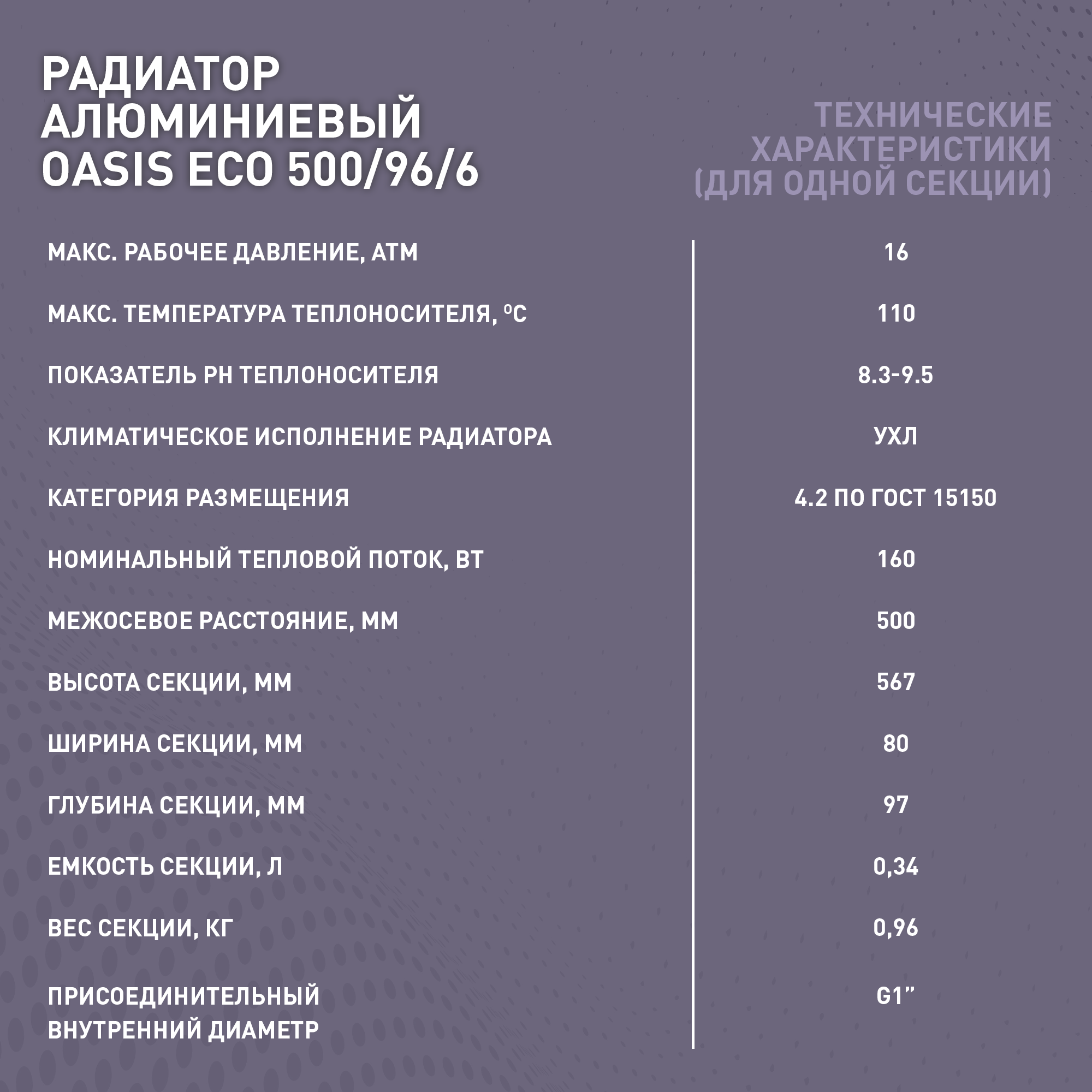 Радиатор отопления алюминиевые Oasis Eco, модель 500/96/6, 6 секций / батарея