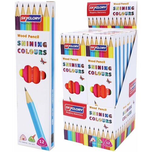 Карандаш чернографитный, SKYGLORY неон HB с ластиком, треугольный корпус, набор 12 шт