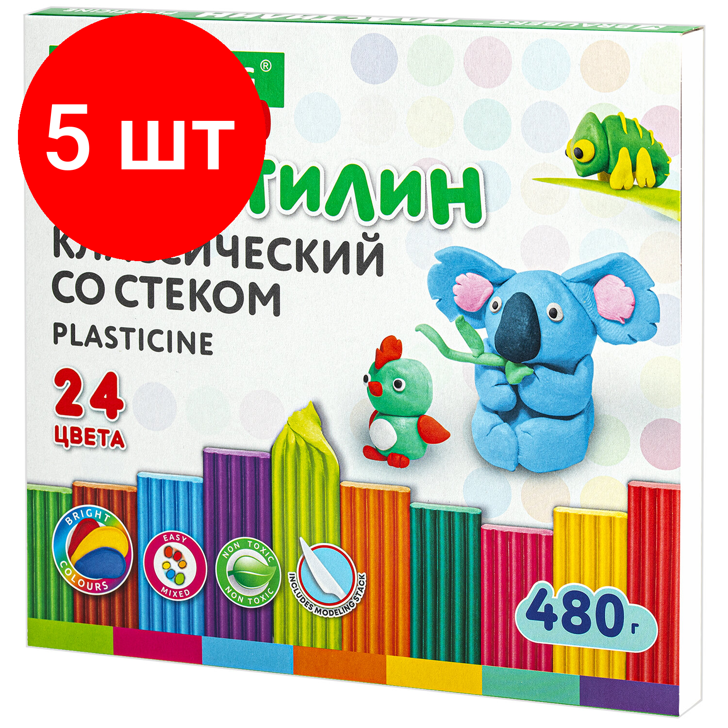 Комплект 5 шт, Пластилин классический BRAUBERG KIDS, 24 цвета, 480 грамм, стек, высшее качество, 106437