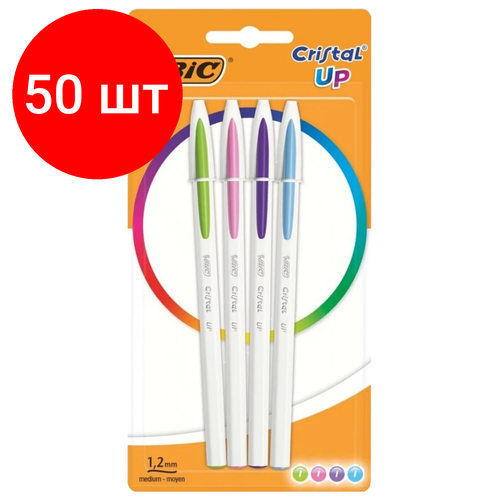 Комплект 50 шт, Ручки шариковые BIC Cristal Up Fun, набор 4 цвета (салатовый, розовый, фиолетовый, голубой), узел 1 мм, линия 0.32 мм, блистер, 949870