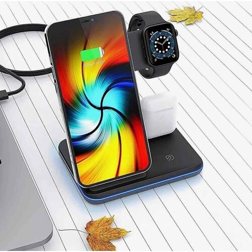 Беспроводная зарядка, зарядная станция 3 в 1/iPhone+iWatch+AirPods/Z5/15W/black/