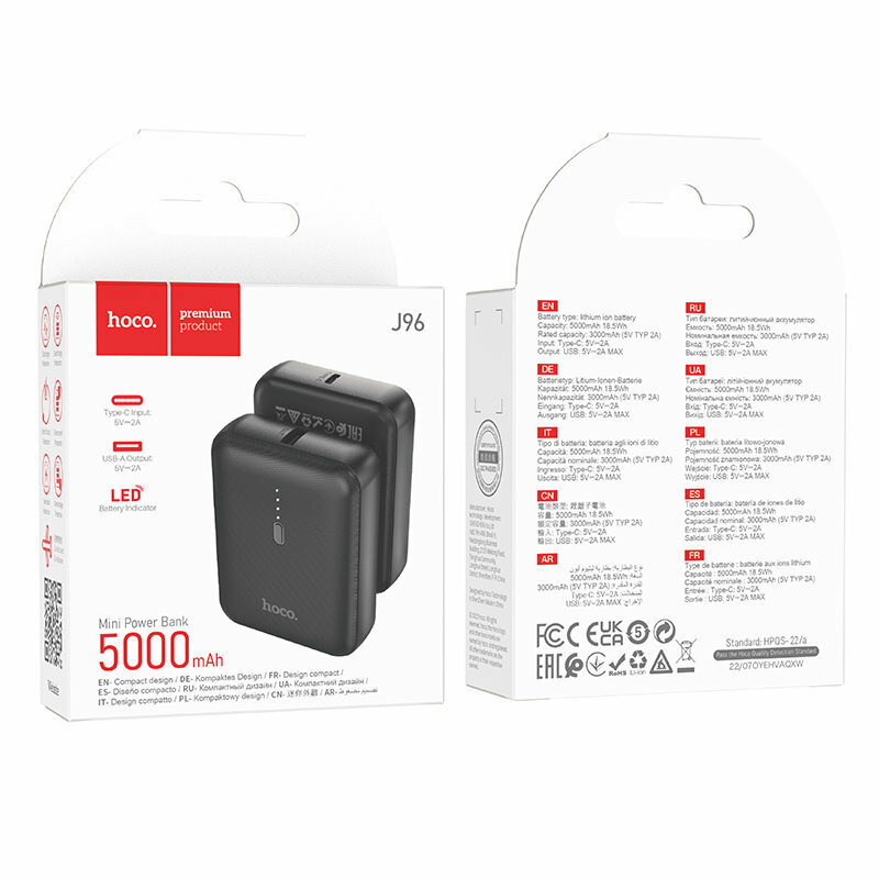 Внешний аккумулятор Power bank Hoco J96 MINI, 5000mAh / мобильный блок питания Type-C 5 В / 2 А, выход USB 5 В/ 2 А, с LED индикатором/ Повер Банк