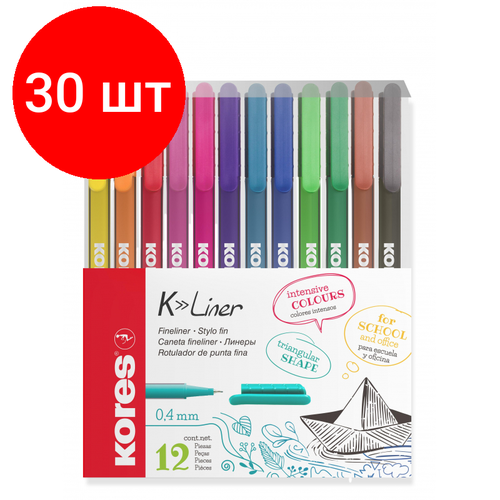 Комплект 30 упаковок, Линер Kores 0.4мм набор из 12цв./уп, пластик, 28112