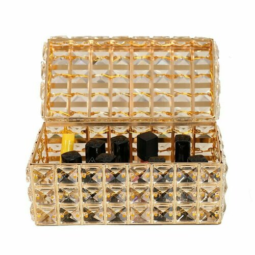 Коробка для хранения губной помады Crystal Gold 23х12х12 см, металл + хрустальное стекло, цвет золотой, Kassatex, США, CRY-LPB-GD