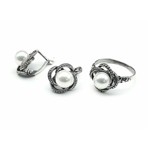 Комплект бижутерии: серьги, кольцо, жемчуг имитация, размер кольца 20, черный, белый