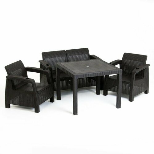 Альтернатива Набор садовой мебели Ротанг: диван, два кресла, стол квадратный, коричневого цвета