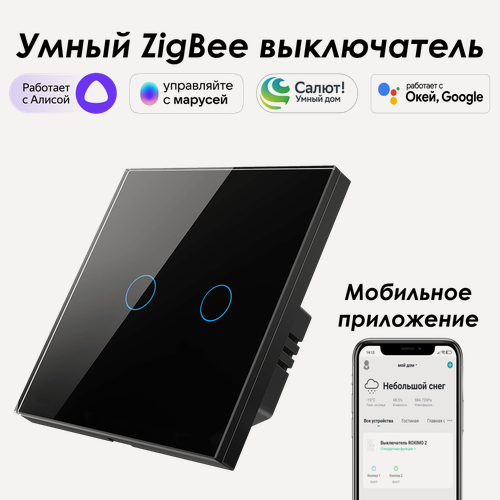 Изображение товара Умный Zigbee выключатель ROXIMO сенсорный, двухкнопочный, черный