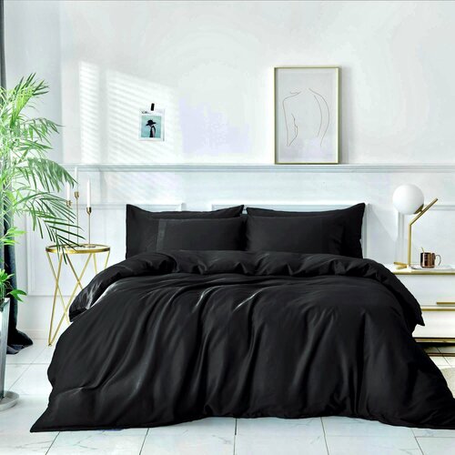 Однотонное постельное белье S028-2-70-140, цвет Черная ночь, 2-спальный, матовый сатин, наволочки 70x70, с простыней на резинке 140х200 см