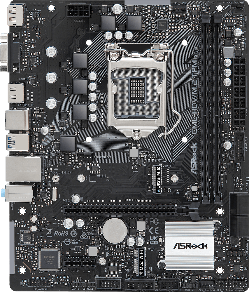 Материнская плата ASRock CML-HDV/M.2 TPM R2.0, Intel, LGA1200, H310, DDR4, VGA, DVI, HDMI, Micro-ATX