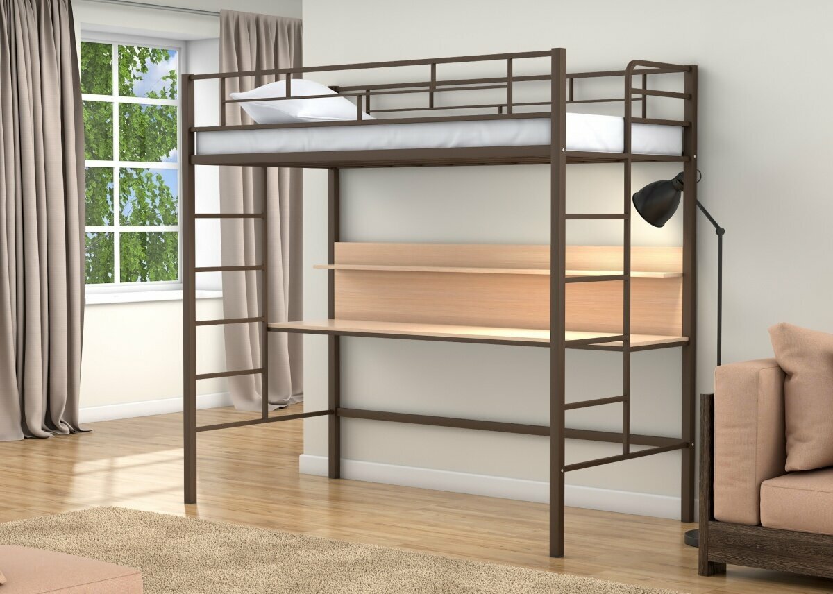фото Кровать чердак "Амстердам" Коричневая со столом Дуб молочный/ детская/ 90х190 см/ двухъярусная кровать с рабочей зоной/ для детей и взрослых/ железная/ металлическая/ двухэтажная/ взрослая/ высокая