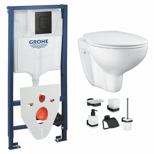 Инсталляция с унитазом Grohe Bau Rimless комплект 10 в 1: унитаз безободковый, инсталляция Grohe, сиденье микролифт, шумоизоляция, аксессуары Am.Pm