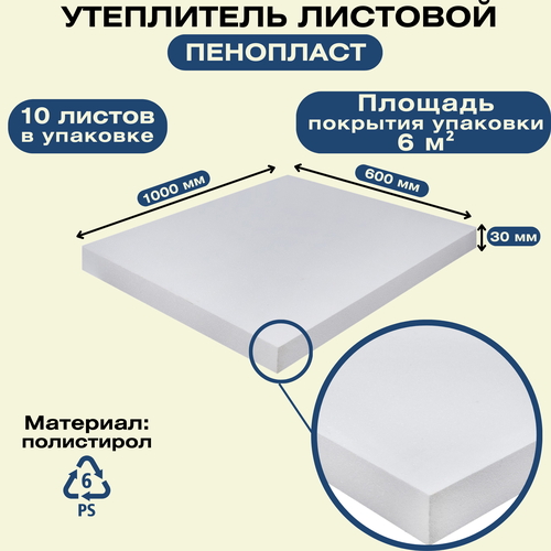 Теплоизоляционный материал Пенопласт 600x1000 мм, толщина 30 мм, 10 листов, для изоляции и утепления наружных и внутренних помещений