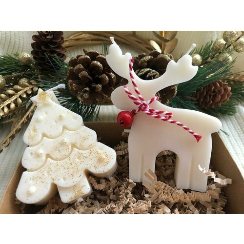 Набор новогодних интерьерных свечей из соевого воска "Ёлочка и Лосик"/Подарок на Новый Год/Уют и тепло в вашем доме/Новогодняя коллекция/ белый