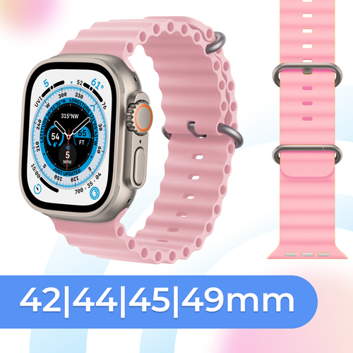 Силиконовый ремешок для смарт часов Apple Watch SE Ultra 42-44-45-49 mm / Cпортивный браслет для умных часов Эпл Вотч 1-9, СЕ (Ocean Band), Розовый силиконовый браслет ocean band на смарт часы apple watch 1 9 se 38 40 41 mm сменный ремешок для эпл вотч 1 9 се древесный уголь
