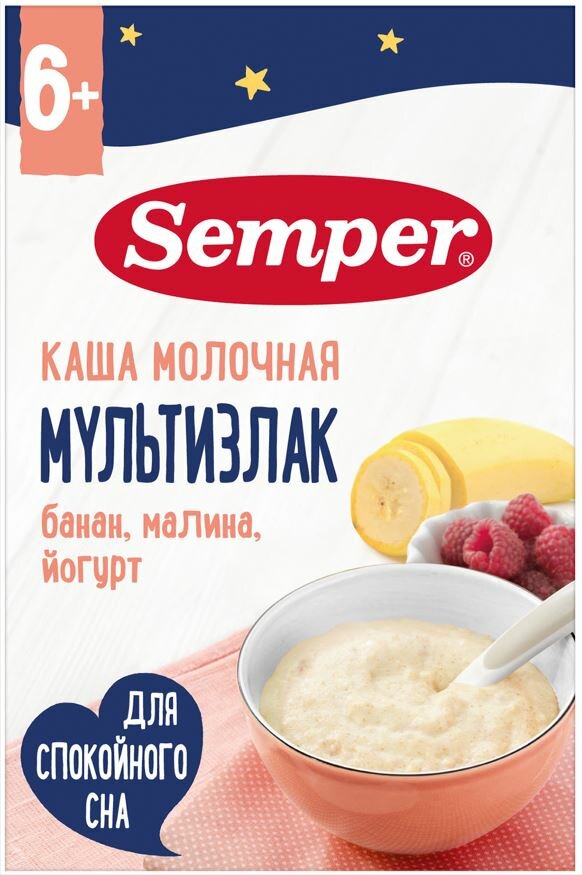 Semper - каша мол. мультизлак с бананом, малиной и йогуртом, 10 мес, 180 гр