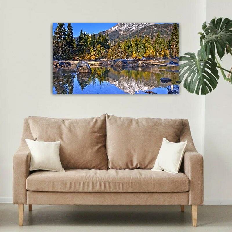 Картина на холсте 60x110 LinxOne "Небо горы озеро деревья камни" интерьерная для дома / на стену / на кухню / с подрамником