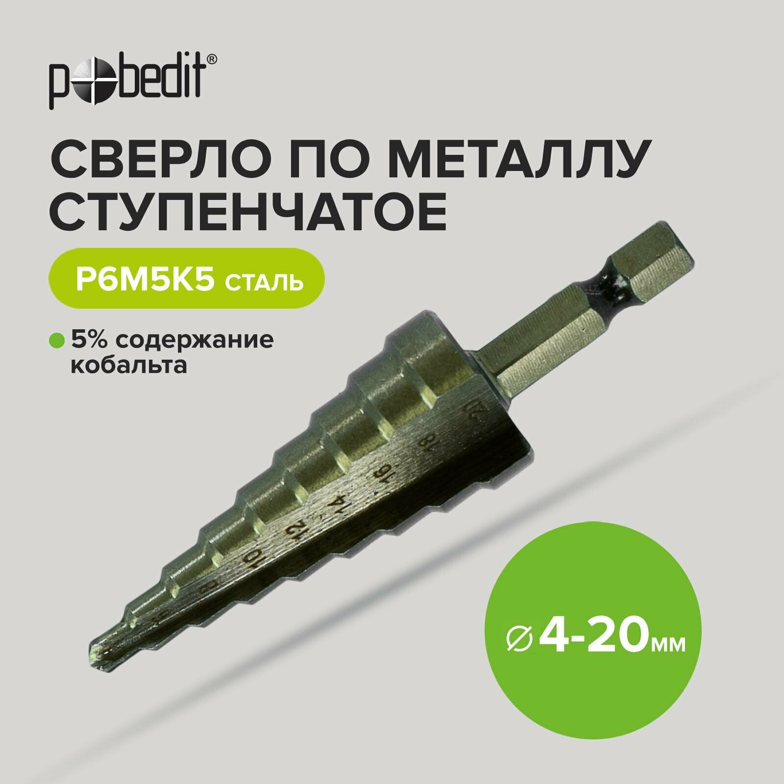 Сверло по металлу ступенчатое 4-20 мм P6M5K5 Pobedit