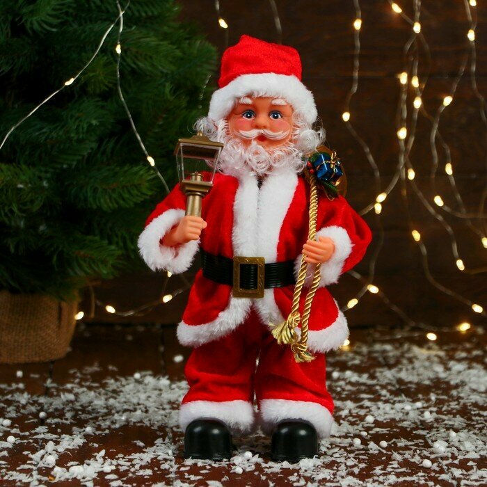 Декоративная кукла Зимнее волшебство "Дед Мороз", красная шубка, ремешок, с фонариком, с подсветкой, двигается, 27 см