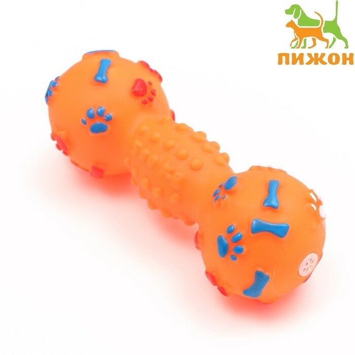Игрушка для собак Пижон "Гантель с лапками", пищащая, 13 см, оранжевая
