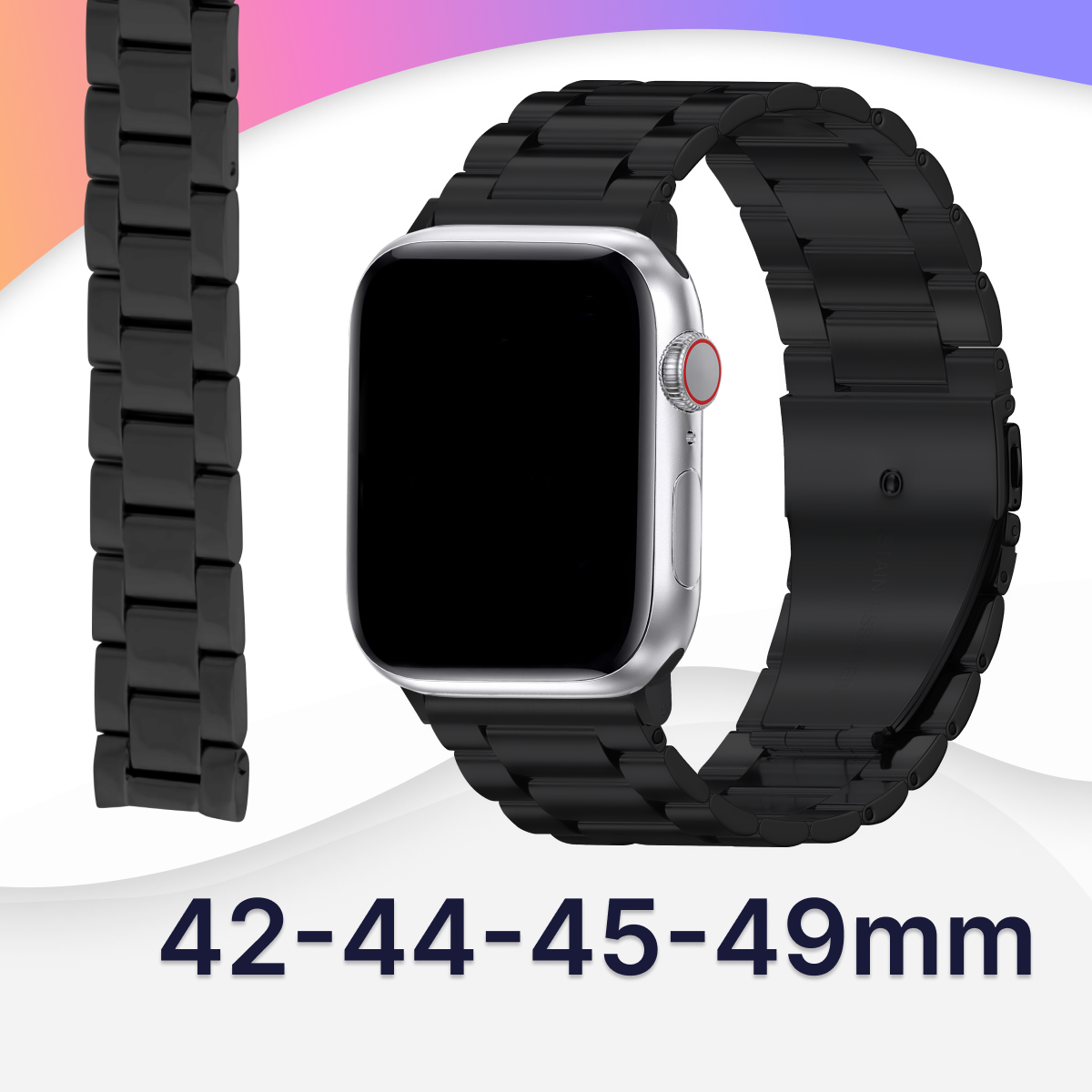 Блочный ремешок для Apple Watch 42-44-45 mm Series 1-7 SE / Сменный металлический браслет для смарт часов на застежке Эпл Вотч 42-44-45 мм/ Черный