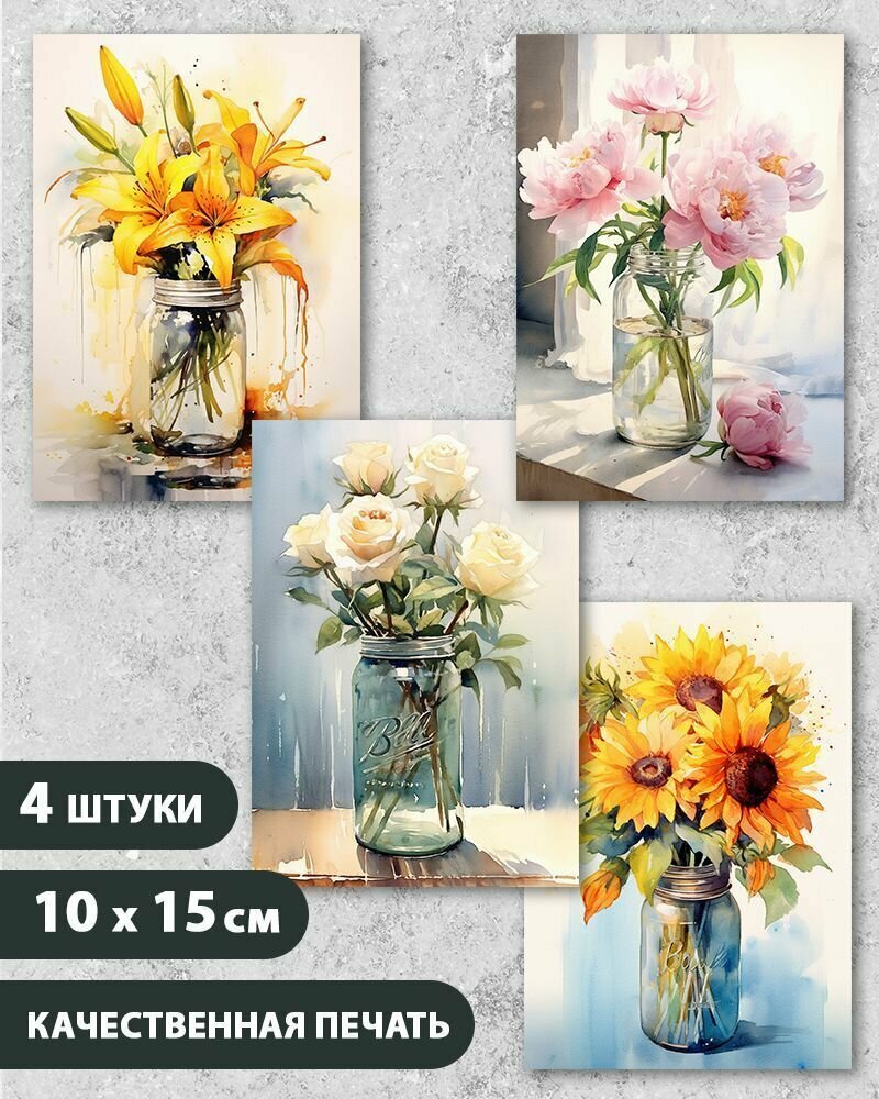 Набор открыток "Букет акварельных цветов", 10.5 см х 15 см, 4 шт, InspirationTime, на подарок и в коллекцию