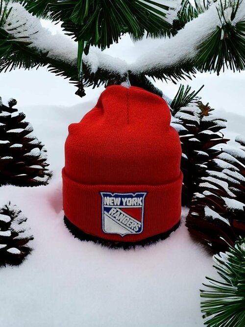 Шапка бини  Шапка мужская женская зимняя спортивная New York Rangers Нью-Йорк Рейнджерс красный, размер универсальный, красный