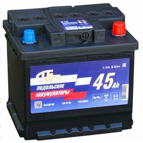 Аккумулятор автомобильный ПАЗ Подольские Аккумуляторы 45 А/ч 410 А обр. пол. Евро авто (207x175x190)