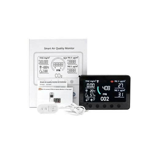 Комбинированный датчик Tuya Wi-Fi измеритель качества воздуха 6 в 1 HTI-0261-BT Wi-Fi O41861MN CO2 влажность температура PM25 PM10 TVOC 14978₽