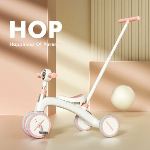 Беговел - велосипед детский трехколесный каталка-толокар с ручкой 4 в 1 HOP Mini бежевый/розовый