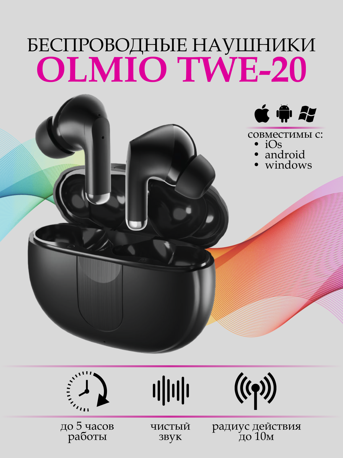 Наушники OLMIO беспроводные TWE-20 ANC+ENC, True Wireless, black - фото №3