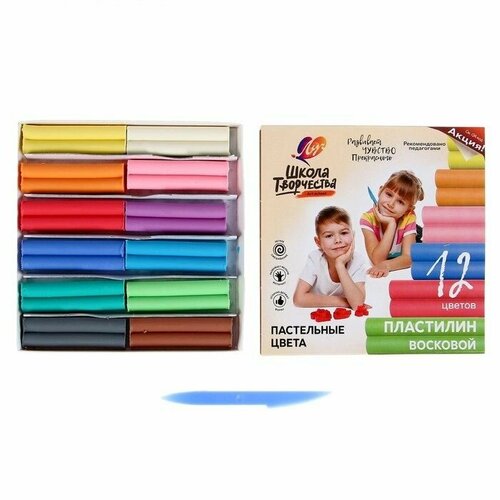 Пластилин мягкий восковой 12 цветов 180 г Школа творчества со стеком 374₽