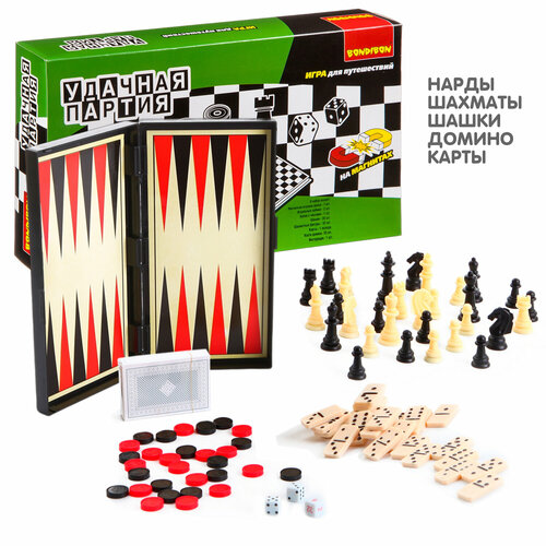 Настольная игра BONDIBON Удачная партия 5 в 1 Домино, шашки, шахматы, нарды, карты ВВ0683