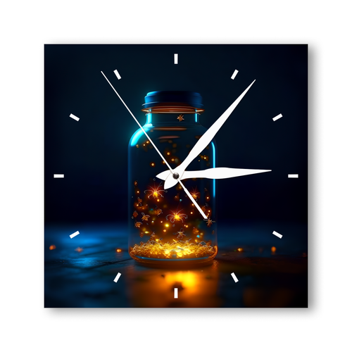 Деревянные настенные часы, 28см х 28см/ Большие кварцевые бесшумные интерьерные часы с принтом/ Часы-картина на стену/, в бутылке светлячки