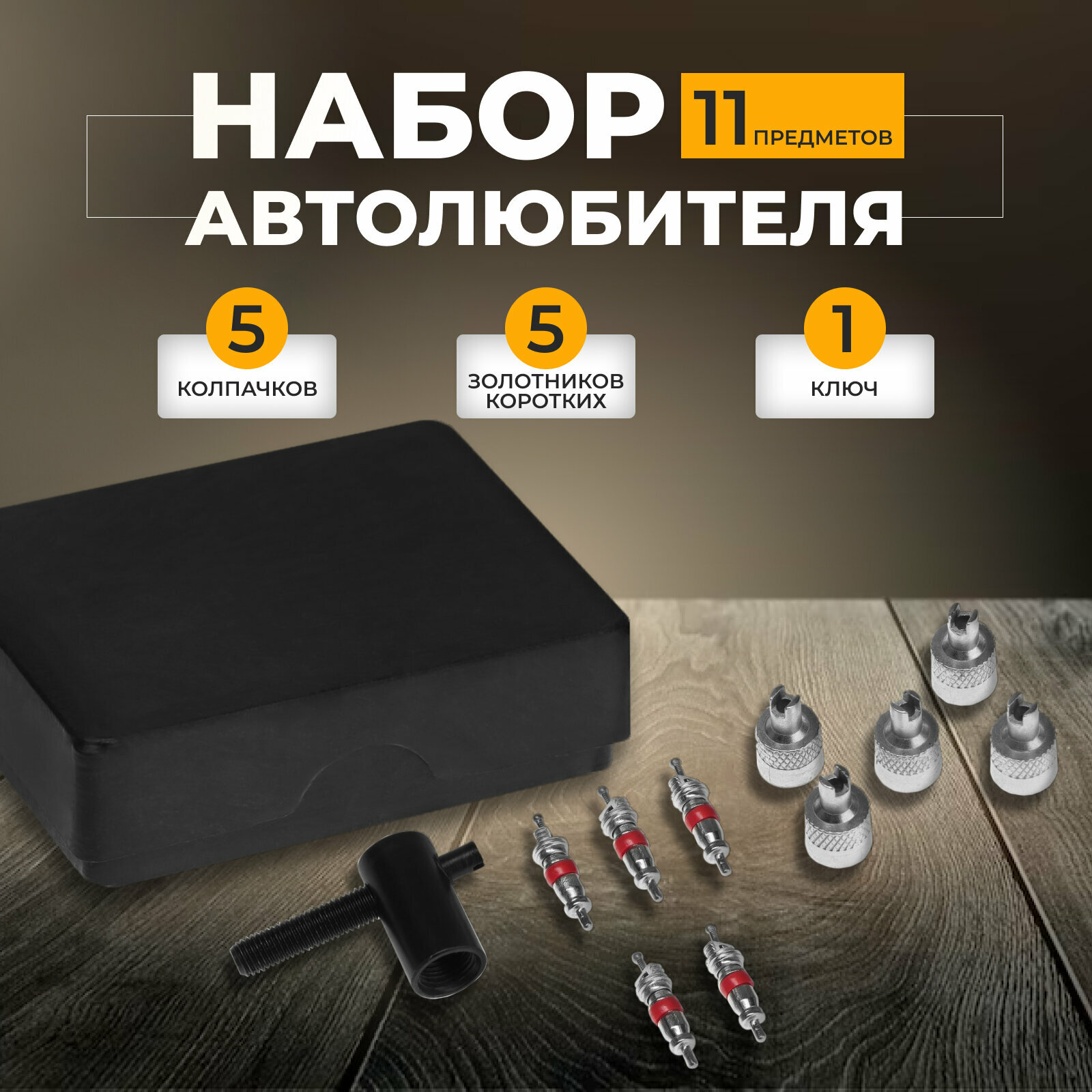 фото Набор автолюбителя №2, 5 колпачков, металл, 5 золотников коротких, ключ 9213675