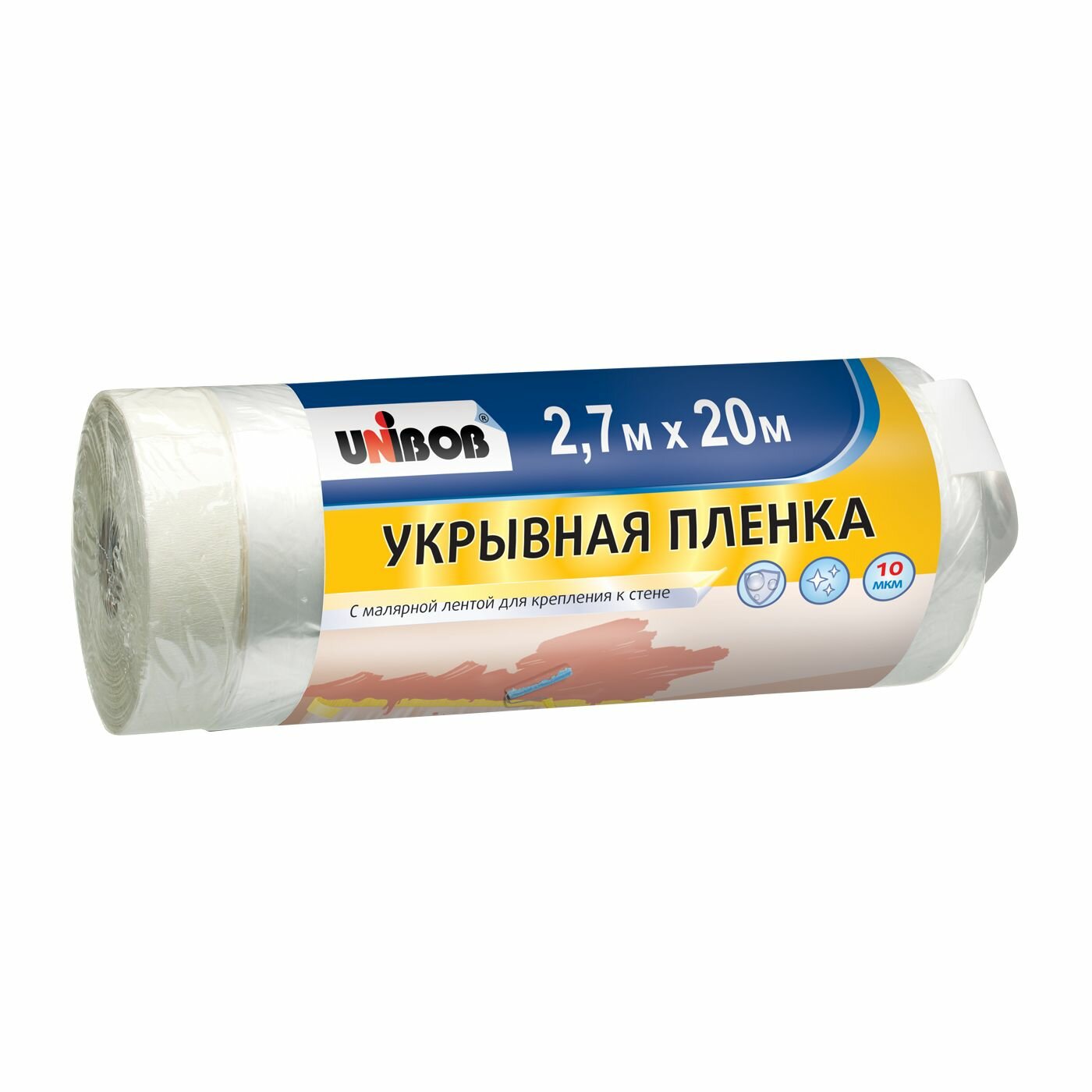 Плёнка укрывная защитная с малярной лентой UNIBOB 2,7 м X 20 м, 10 мкм