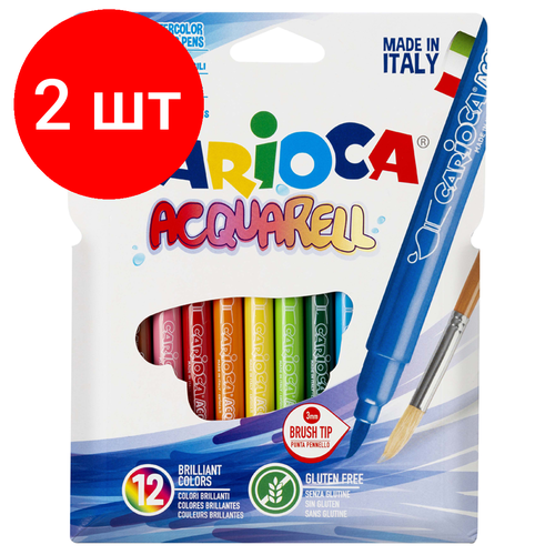 Комплект 2 шт, Фломастеры акварельные с кистевым пишущим узлом Carioca Acquarell, 12цв, смываемые, картон, евро